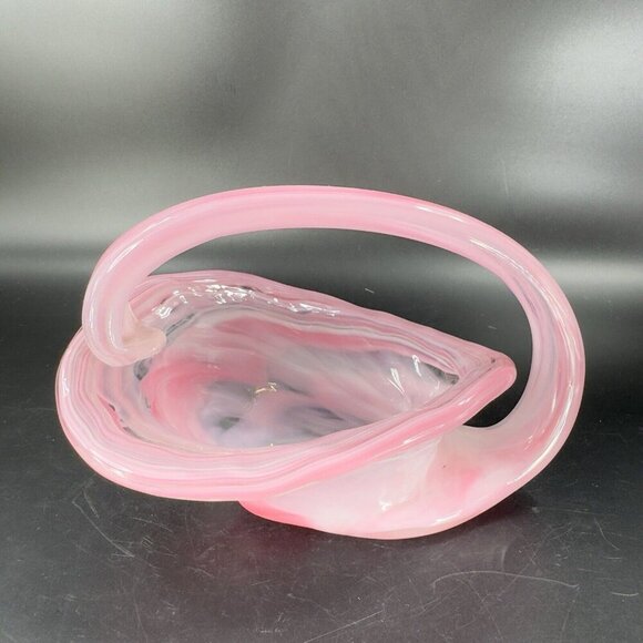 Vintage Sooner Glass Hand Made Pink Swirls Dish Bowl With Handle Basket Handmade - Picture 11 of 14